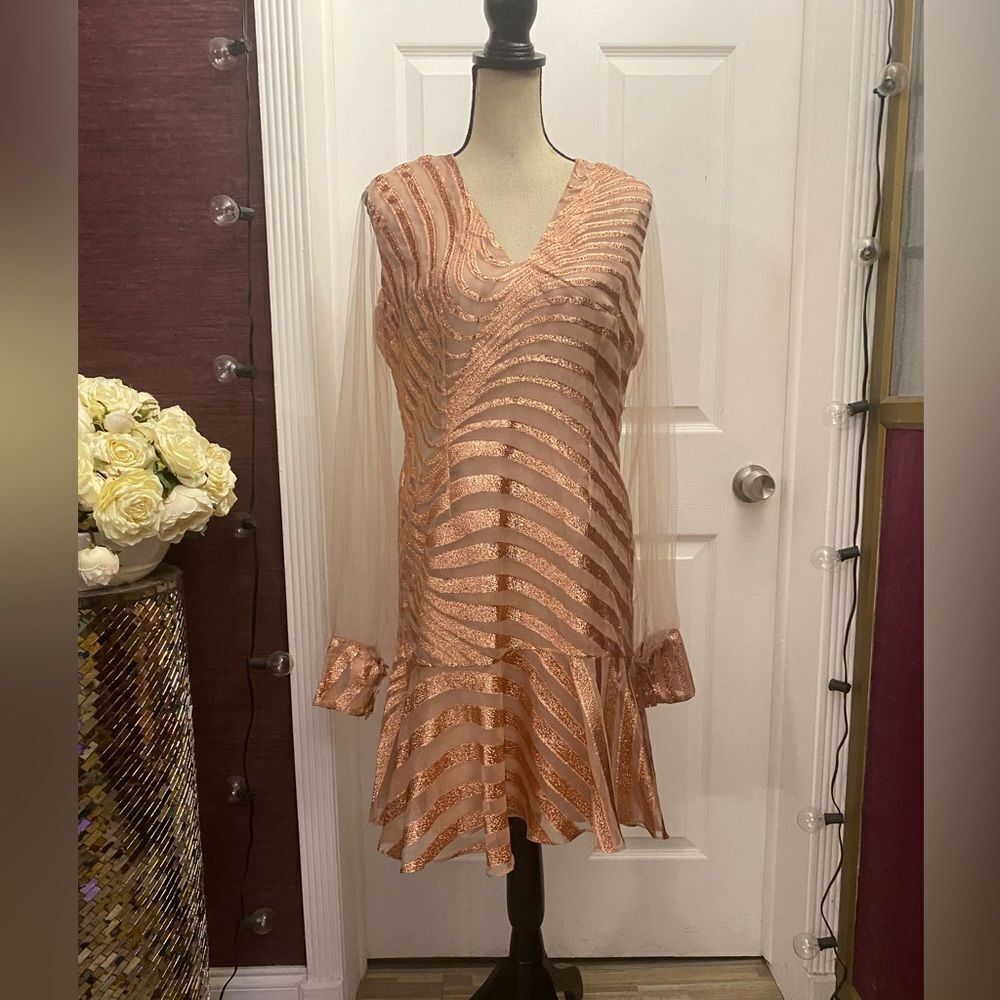 Francesca Miranda 100% silk , tulle sleeves party dress, L